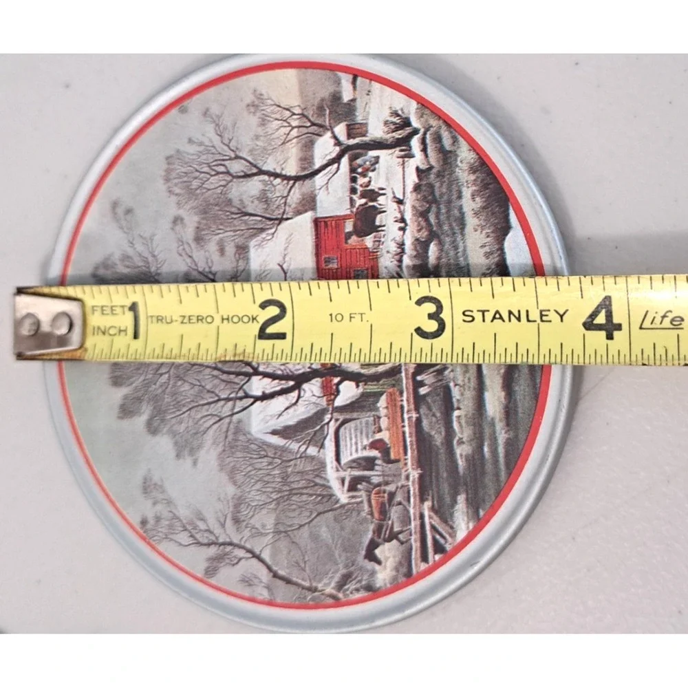 Vtg Currier &‎ Ives Coasters Set of 6 + Tin Container Winter Home Kitchen Decor
